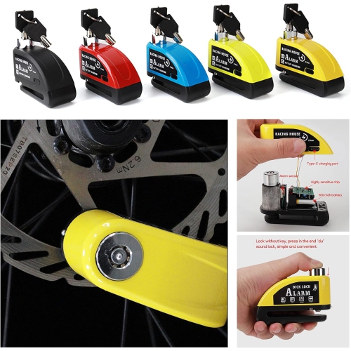 Disc brake lock with alarm, anti-theft, motorcycle alarm with 110 dB alarm, motorcycle alarm padlock - black-yellow