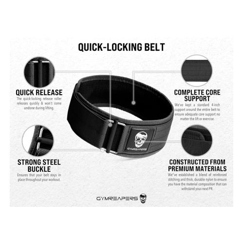 Gymreapers Quick Locking Weightlifting Belt for Bodybuilding, Powerlifting, Cross Training - 4 Inch Neoprene with Metal Buckle - Adjustable Olympic