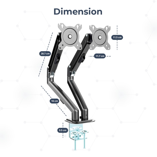 MotionGrey - Dual Monitor Arm Mount for Desk – Adjustable Metal Stand with VESA Compatibility, Clamp & Grommet Base, Fits two 13"-28" Screens,