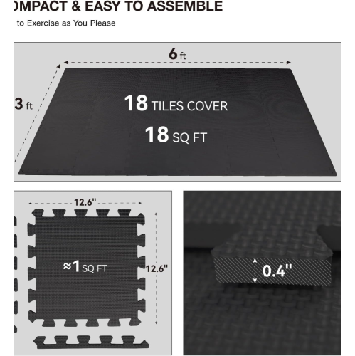 18 Tiles Gym Floor Mat, EVA Foam Puzzle Gym Mat, High-Density Interlocking Foam Floor Tiles for Home Gym, Play Workout Garage Kitchen Flooring, Black