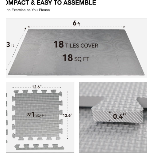 18 Tiles Gym Floor Mat, EVA Foam Puzzle Gym Mat, High-Density Interlocking Foam Floor Tiles for Home Gym, Play Workout Garage Kitchen Flooring, Black