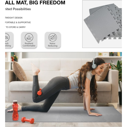 18 Tiles Gym Floor Mat, EVA Foam Puzzle Gym Mat, High-Density Interlocking Foam Floor Tiles for Home Gym, Play Workout Garage Kitchen Flooring, Black