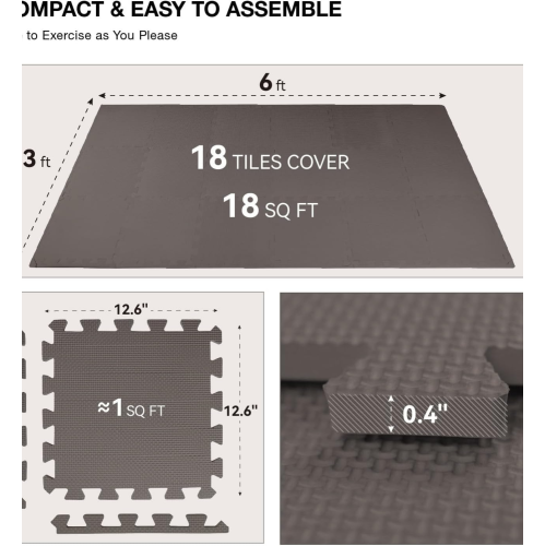 18 Tiles Gym Floor Mat, EVA Foam Puzzle Gym Mat, High-Density Interlocking Foam Floor Tiles for Home Gym, Play Workout Garage Kitchen Flooring, Black