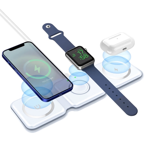MotionGrey - 3-in-1 Foldable Wireless Charging Station for iPhone, Apple Watch & AirPods – MagSafe-Compatible Magnetic Charger Pad for Desk, Travel &