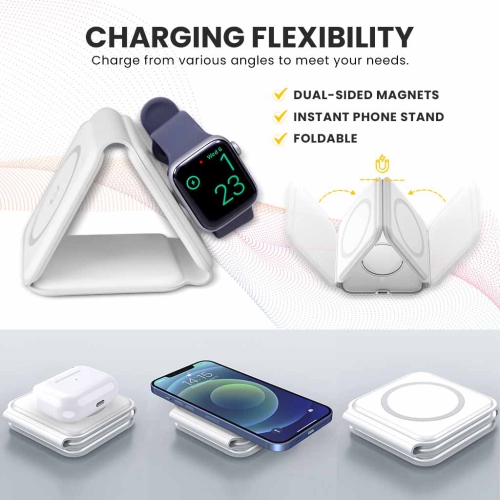 MotionGrey - 3-in-1 Foldable Wireless Charging Station for iPhone, Apple Watch & AirPods – MagSafe-Compatible Magnetic Charger Pad for Desk, Travel &