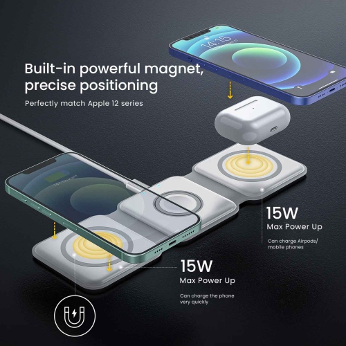 MotionGrey - 3-in-1 Foldable Wireless Charging Station for iPhone, Apple Watch & AirPods – MagSafe-Compatible Magnetic Charger Pad for Desk, Travel &