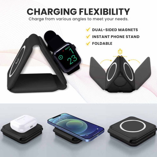 MotionGrey - 3-in-1 Foldable Wireless Charging Station for iPhone, Apple Watch & AirPods – MagSafe-Compatible Magnetic Charger Pad for Desk, Travel &