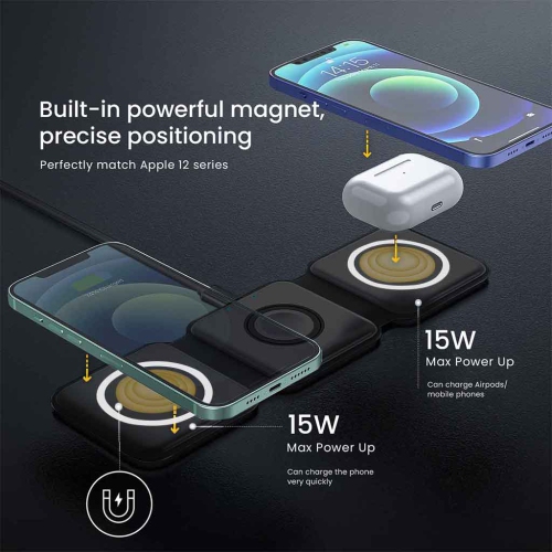 MotionGrey - 3-in-1 Foldable Wireless Charging Station for iPhone, Apple Watch & AirPods – MagSafe-Compatible Magnetic Charger Pad for Desk, Travel &