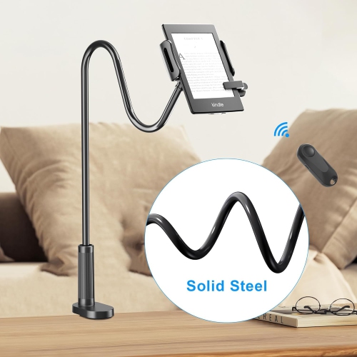 Gooseneck Tablet Holder for Kindle with Page Turner Remote – Hands-Free Desk and Bedside Lazy Arm Stand for Kindle, Kobo, Tablets, and Smartphones