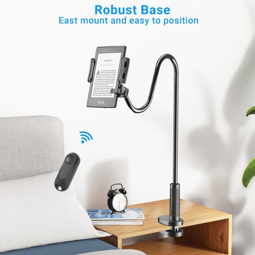 Gooseneck Tablet Holder for Kindle with Page Turner Remote – Hands-Free Desk and Bedside Lazy Arm Stand for Kindle, Kobo, Tablets, and Smartphones