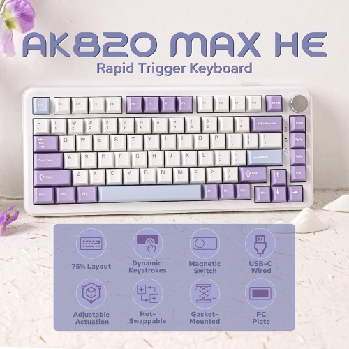 AJAZZ AK820 MAX HE Hall Effect Magnetic Gaming Keyboard, Adjustable Actuation, 8KHz Polling Rate, Wired Rapid Fast Keyboard, Creamy Gasket, RGB