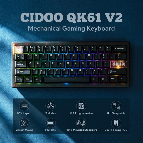 MechLands CIDOO QK61 V2 VIA Programmable 60% Compact Keyboard, USB-C/BT5.0/2.4Ghz Wireless, Hot Swappable Custom Mechanical Keyboard with Gasket