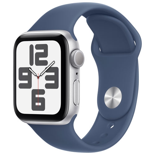 Refurbished - Apple Watch SE (GPS) 40mm Silver Aluminum Case with Denim Sport Band - Small/Medium