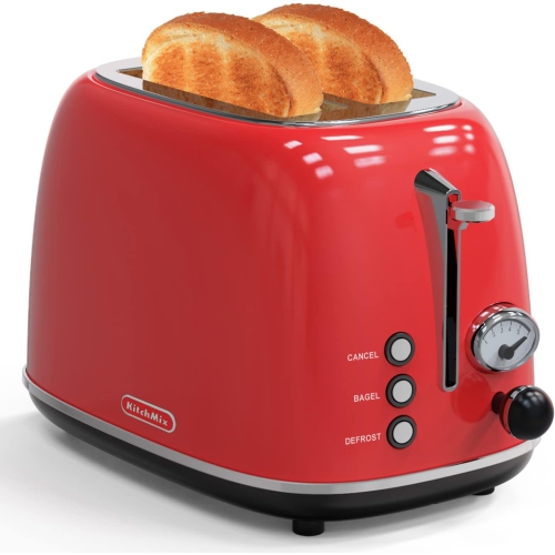 Toaster 2 slice, KitchMix Retro Stainless Steel Toaster with 6 Settings, 1.5 In Extra Wide Slots, Bagel/Defrost/Cancel Function, Removable Crumb Tray