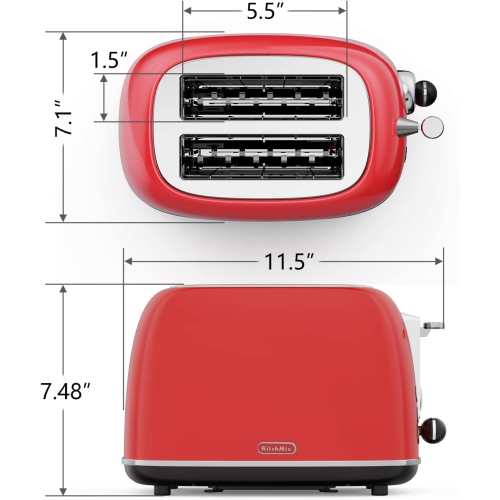 Toaster 2 slice, KitchMix Retro Stainless Steel Toaster with 6 Settings, 1.5 In Extra Wide Slots, Bagel/Defrost/Cancel Function, Removable Crumb Tray