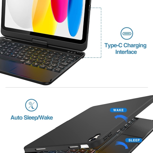 ProCase 360° Rotation Keyboard Case for iPad 11th Gen / 10th Gen 10.9 Inch with Multi-Touch Trackpad, RGB Backlit Wireless Keyboard – Black