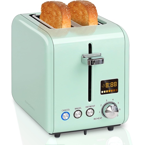 SEEDEEM Toaster 2 Slice, Stainless Steel Bread Toaster Color LCD Display, 7 Bread Shade Settings, 1.4'' Wide Slots Toaster Bagel/Defrost/Reheat