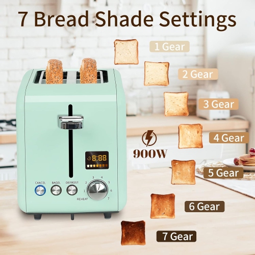 SEEDEEM Toaster 2 Slice, Stainless Steel Bread Toaster Color LCD Display, 7 Bread Shade Settings, 1.4'' Wide Slots Toaster Bagel/Defrost/Reheat