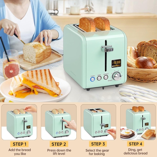 SEEDEEM Toaster 2 Slice, Stainless Steel Bread Toaster Color LCD Display, 7 Bread Shade Settings, 1.4'' Wide Slots Toaster Bagel/Defrost/Reheat