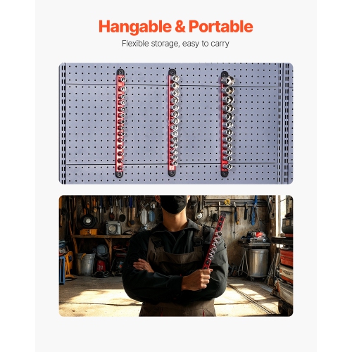 VEVOR 3PCS Socket Organizer Rail Set, Metric & SAE Aluminum Socket, 1/4'', 3/8'' & 1/2'' Socket Holder with 360° Rotating Clips for Tool Box, Hold up