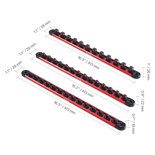 VEVOR 3PCS Socket Organizer Rail Set, Metric & SAE Aluminum Socket, 1/4'', 3/8'' & 1/2'' Socket Holder with 360° Rotating Clips for Tool Box, Hold up