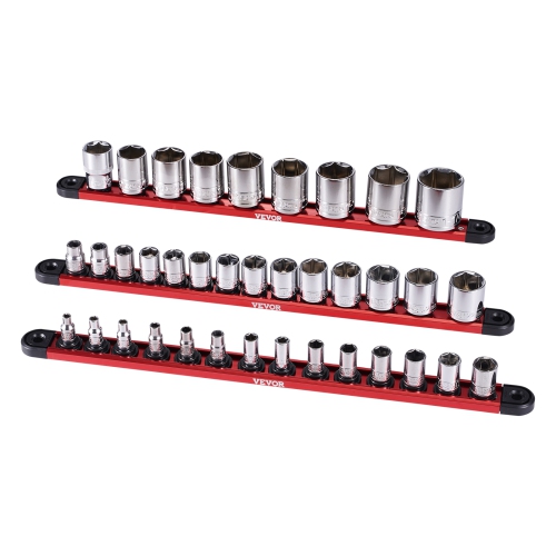 VEVOR 3PCS Socket Organizer Rail Set, Metric & SAE Aluminum Socket, 1/4'', 3/8'' & 1/2'' Socket Holder with 360° Rotating Clips for Tool Box, Hold up