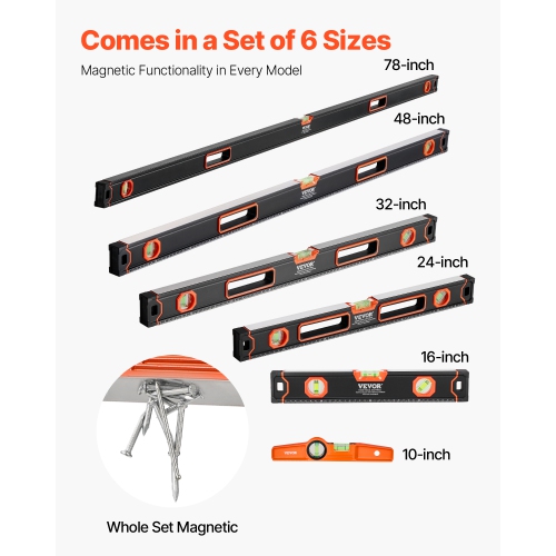 VEVOR 6-Piece Torpedo Level, 78/48/32/24/16/10 Inch All Magnetic, Bubble Vials Ruler for 45/90/180 Degree, Aluminum Alloy Box Leveler Tool,
