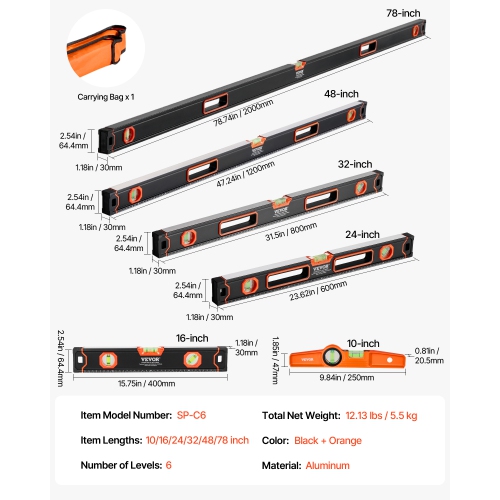 VEVOR 6-Piece Torpedo Level, 78/48/32/24/16/10 Inch All Magnetic, Bubble Vials Ruler for 45/90/180 Degree, Aluminum Alloy Box Leveler Tool,
