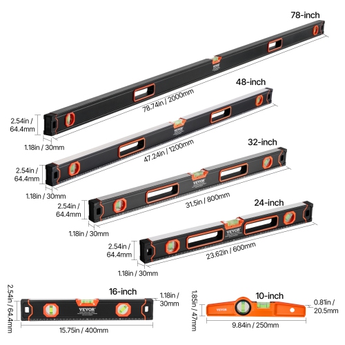 VEVOR 6-Piece Torpedo Level, 78/48/32/24/16/10 Inch All Magnetic, Bubble Vials Ruler for 45/90/180 Degree, Aluminum Alloy Box Leveler Tool,