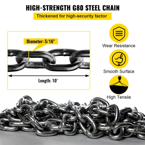 VEVOR 5/16 inch x 10 ft Lifting Chains with Hooks, G80 Engine Chain Hoist Lifts, 11000 lbs/5 Ton Capacity Lifting Sling Chains for Engine Hoist, Lift