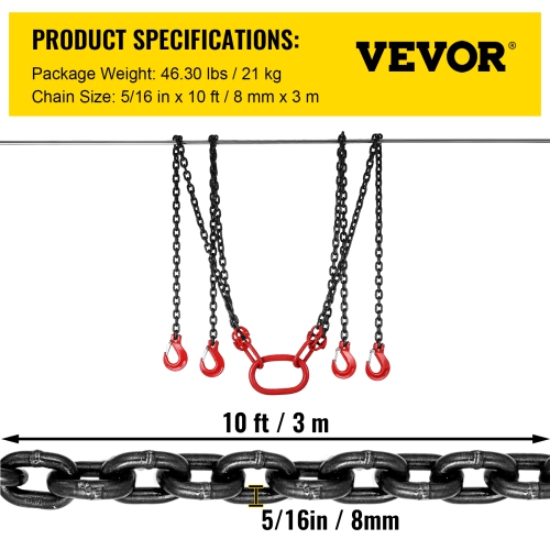 VEVOR 5/16 inch x 10 ft Lifting Chains with Hooks, G80 Engine Chain Hoist Lifts, 11000 lbs/5 Ton Capacity Lifting Sling Chains for Engine Hoist, Lift