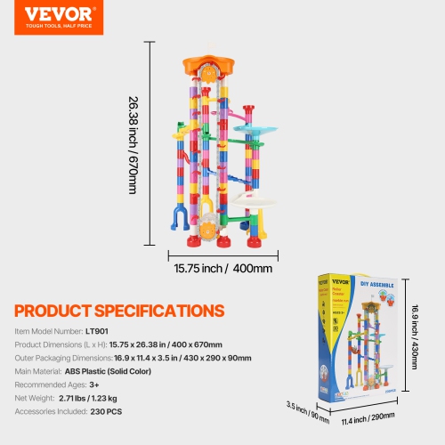 VEVOR 230 PCS Marble Run Set, with Motorized Elevator, with 15 Plastic Marbles, Maze Building Block Brain Game, Educational Learning Race Track STEM