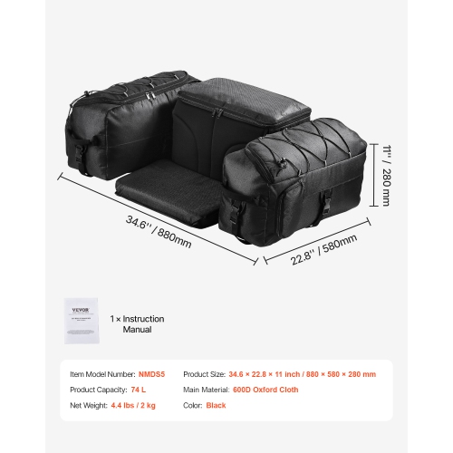 VEVOR 74L ATV Rear Storage Bag, Rear Cargo Bag with Cooler Insulated Bag, 600D Oxford Cloth Storage Rear Rack Seat Bag Fit Most ATVs with Rear Rack,