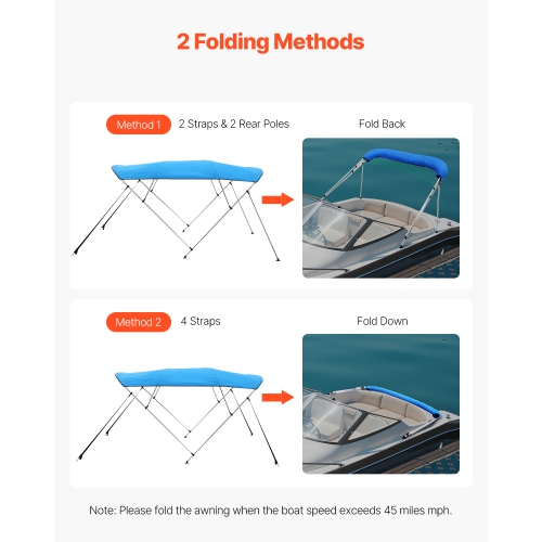 VEVOR 4 Bow Boat Bimini Tops, 600D Polyester Canopy with Aluminum Alloy Frame, Waterproof & Sun Shade Boat Awning, 2 Support Poles, 4 Straps,