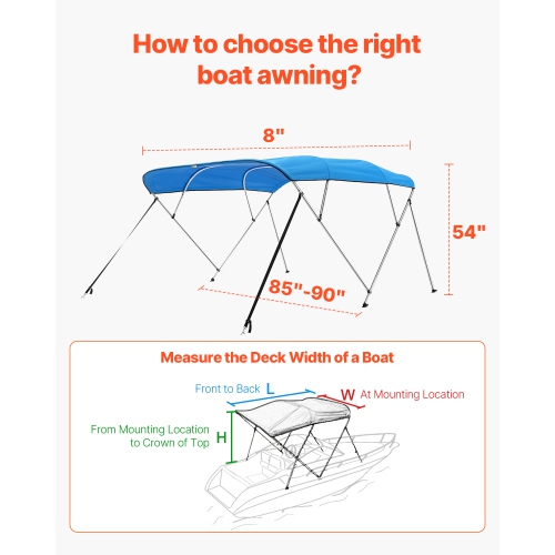 VEVOR 4 Bow Boat Bimini Tops, 600D Polyester Canopy with Aluminum Alloy Frame, Waterproof & Sun Shade Boat Awning, 2 Support Poles, 4 Straps,