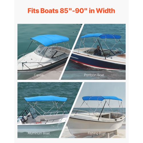 VEVOR 4 Bow Boat Bimini Tops, 600D Polyester Canopy with Aluminum Alloy Frame, Waterproof & Sun Shade Boat Awning, 2 Support Poles, 4 Straps,