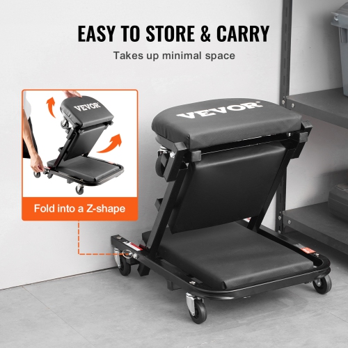 VEVOR 40 in Foldable Z Garage Creeper, 450 lbs Load Capacity Rolling Folding Mechanic Creeper Stool, with 6 Universal Wheels Padded Seat Steel Frame,