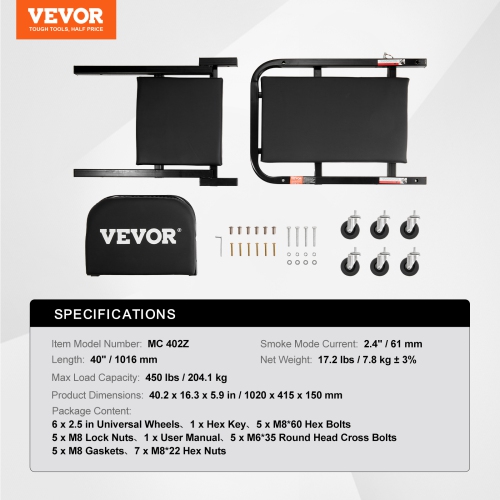 VEVOR 40 in Foldable Z Garage Creeper, 450 lbs Load Capacity Rolling Folding Mechanic Creeper Stool, with 6 Universal Wheels Padded Seat Steel Frame,