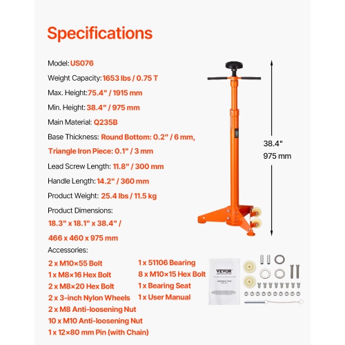 VEVOR 3/4 Ton Capacity Underhoist Support Stand, Under Hoist Jack Stand, Lifting from 38.4 to 75.4 in, Bearing Mounted Spin Handle, Self-Locking