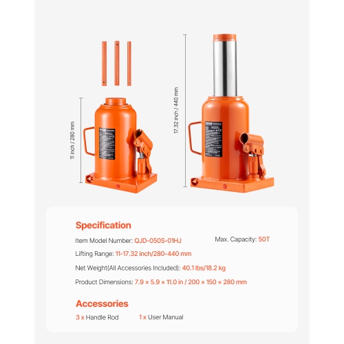 VEVOR 50 Ton/110231 lbs Hydraulic Bottle Jack, Welded Bottle Jack with 11''-17.32'' Lifting Range & 3-Section Long Handle, for Car, Pickup, RV, Auto