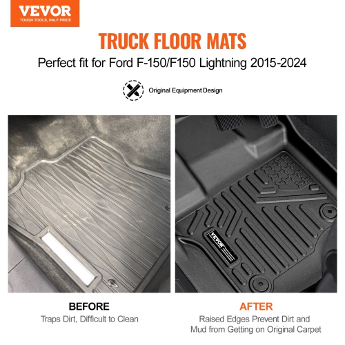 VEVOR Automotive Floor Mats, Fits for Ford F-150/F150 Lightning 2015-2024, 3 pcs Front and 2nd Row Liners, All Weather Custom Fit TPE Vehicle Floor