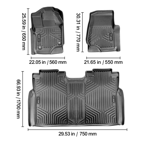VEVOR Automotive Floor Mats, Fits for Ford F-150/F150 Lightning 2015-2024, 3 pcs Front and 2nd Row Liners, All Weather Custom Fit TPE Vehicle Floor