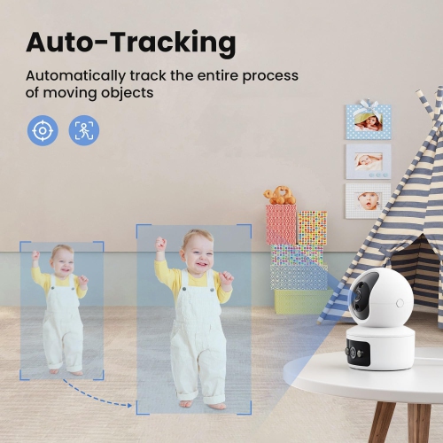 Indoor security camera dual lens, / tilt baby / dog / pet camera, security camera wireless indoor for home security, two-way talk, motion tracking