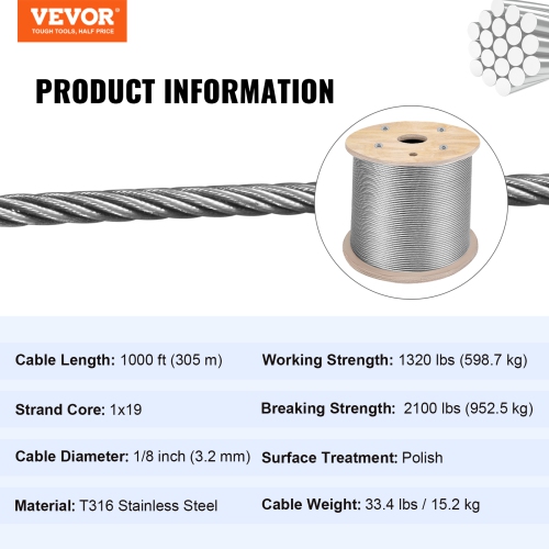 VEVOR T316 Stainless Steel Wire Rope Cable High Strength Tension Flexible Stainless Steel Cable OD 3.2MM Length 1000Ft 11.14KN Cable Railing(300M)