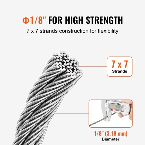 VEVOR 1/8" 1000 ft Wire Rope Kit, 316 Stainless Steel Cable with Cutter and Gloves, 1600 lbs Breaking Strength, 7x7 Strands Construction Marine