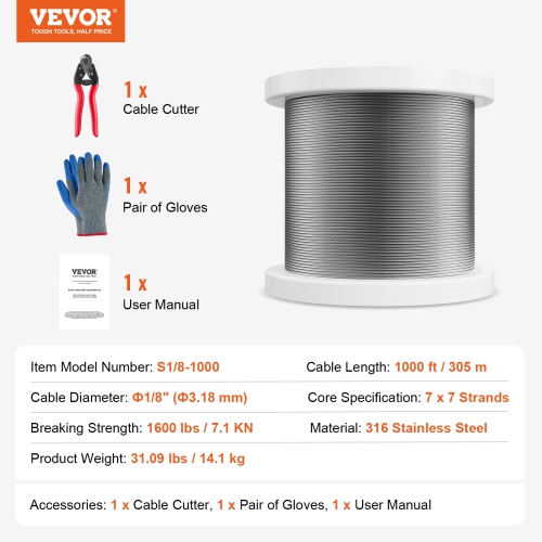 VEVOR 1/8" 1000 ft Wire Rope Kit, 316 Stainless Steel Cable with Cutter and Gloves, 1600 lbs Breaking Strength, 7x7 Strands Construction Marine