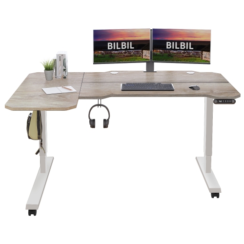 Bilbil L-Shaped Electric Height Adjustable Standing Desk with Memory Settings - 59″ x 39.4″ - White Frame/Oak Top