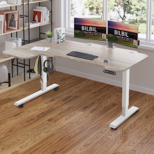 Bilbil L-Shaped Electric Height Adjustable Standing Desk with Memory Settings - 59″ x 39.4″ - White Frame/Oak Top