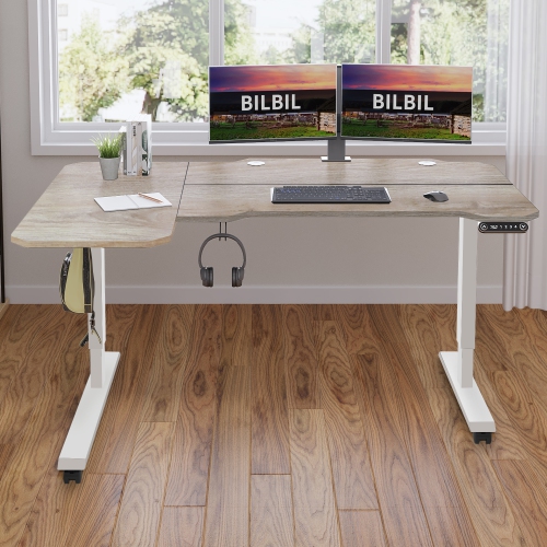 Bilbil L-Shaped Electric Height Adjustable Standing Desk with Memory Settings - 59″ x 39.4″ - White Frame/Oak Top