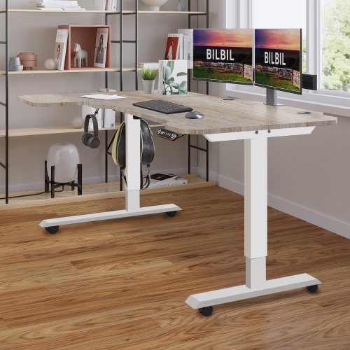Bilbil L-Shaped Electric Height Adjustable Standing Desk with Memory Settings - 59″ x 39.4″ - White Frame/Oak Top
